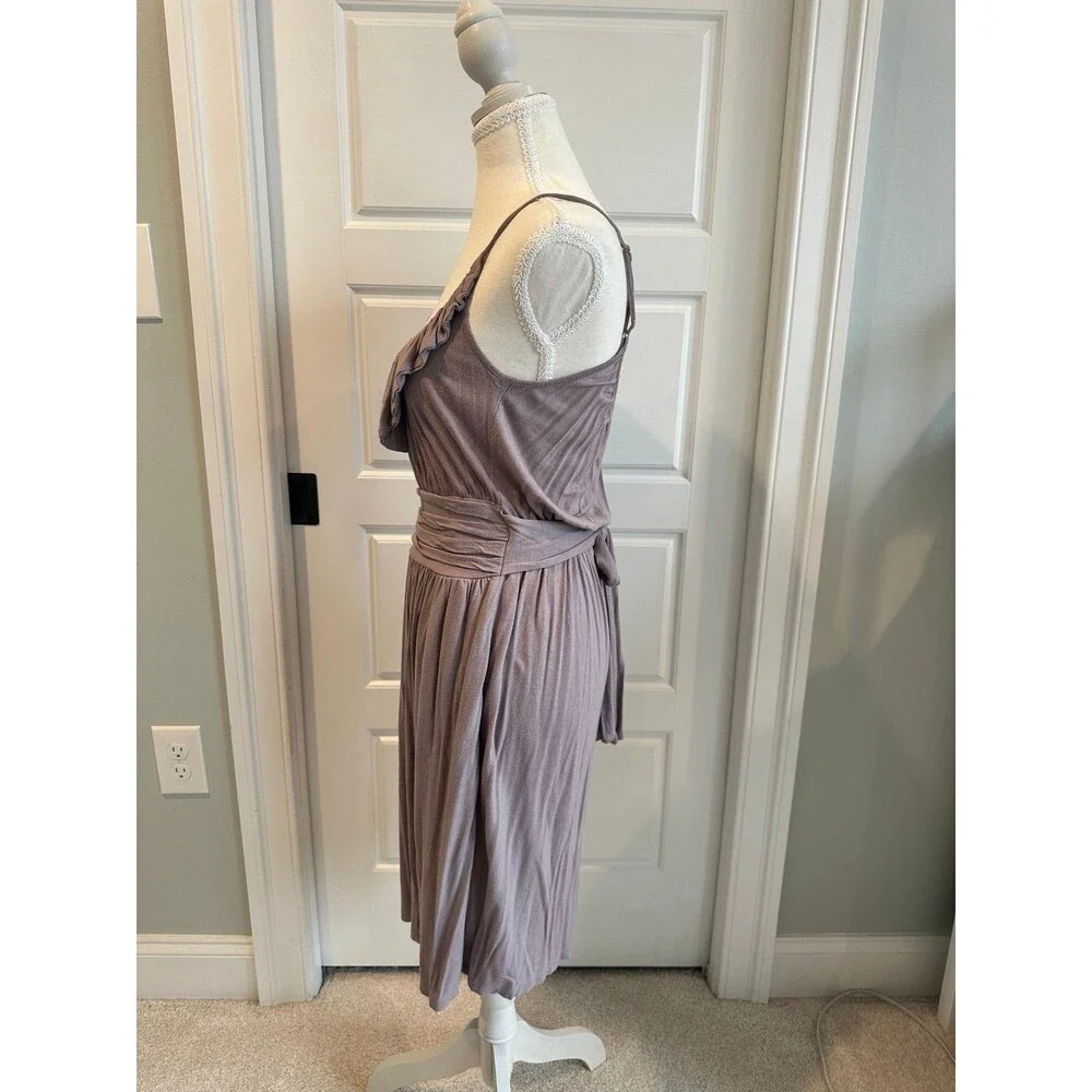 o The Max Boho Mauve Ruffle Neck Midi Dress Ruched Waist XS